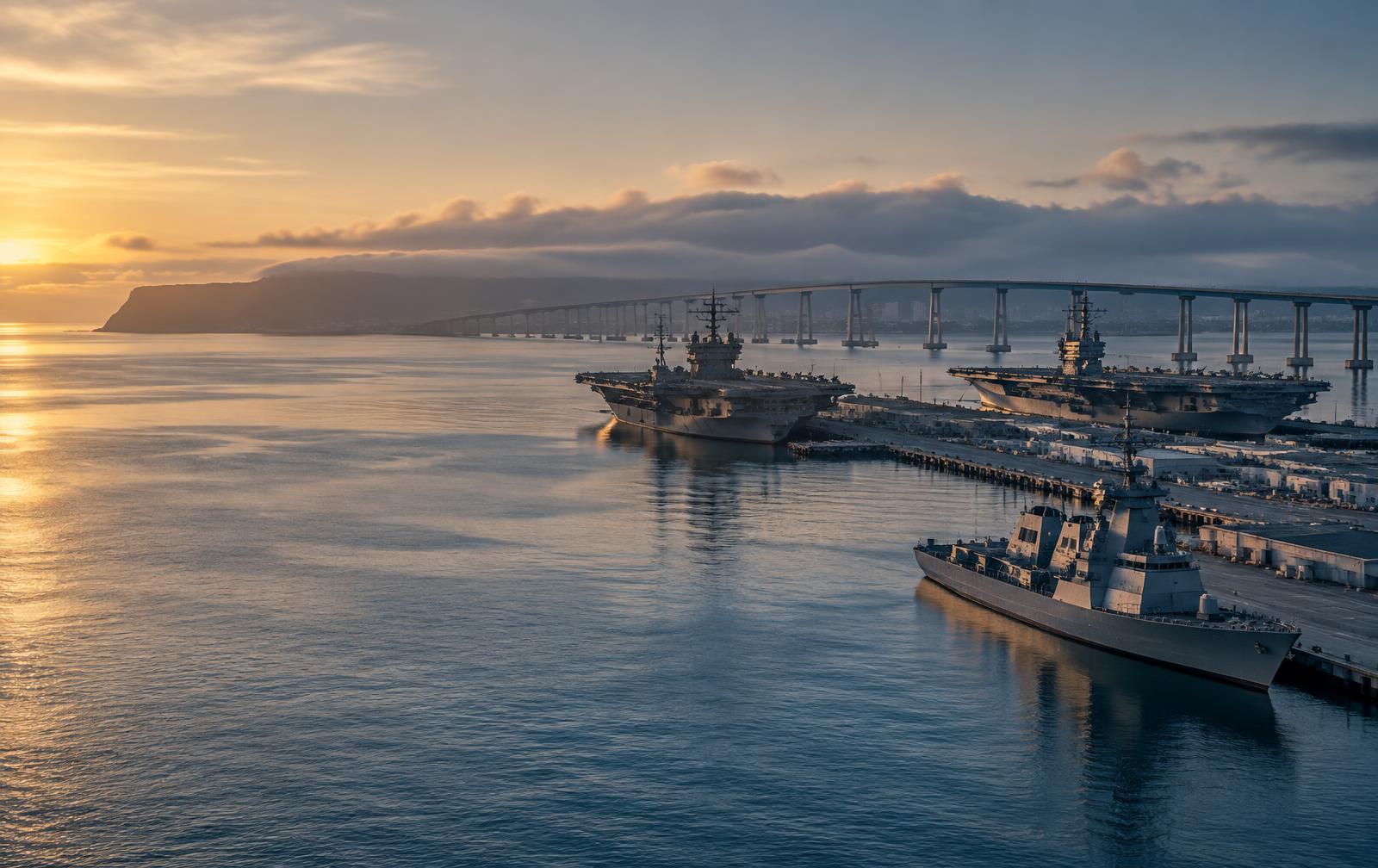 San Diego harbor with Navy ships and Coronado Bridge at golden hour