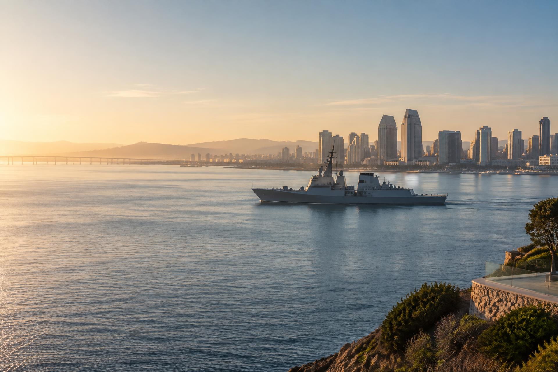 San Diego Bay and naval vessel at sunrise